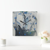 青い数を用いる馬の時計の水彩画のスタイル スクエア壁時計 (ホーム)