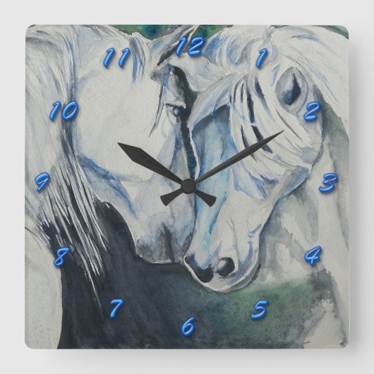 青い数を用いる馬の時計の水彩画のスタイル スクエア壁時計 (正面)