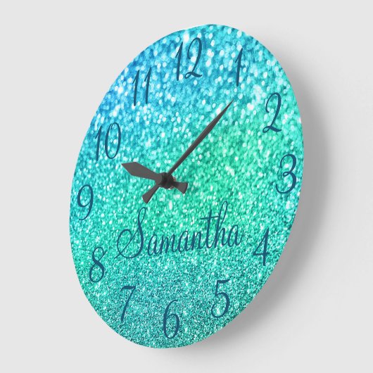 青い数字と名前の海を使用した写真 ラージ壁時計 (傾斜)