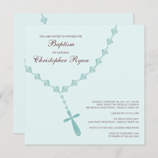 青い数珠は男の赤ちゃんの洗礼Inviationに玉を付けます 招待状 (正面/裏面)