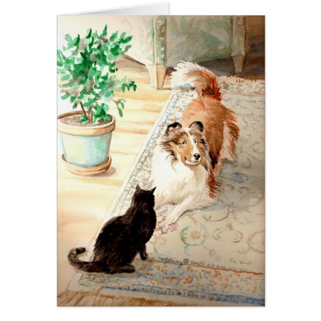 "青い敷物" -シェットランド・シープドッグ及び猫 (正面)