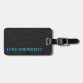 青い文字が付いている黒い革 ラゲッジタグ (正面横)