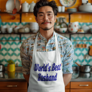 青い文字の長いエプロンを持つ夫 ロングエプロン
