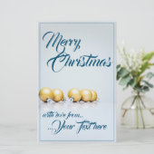 青い文字の5つの金のクリスマスボール (スタンド正面)