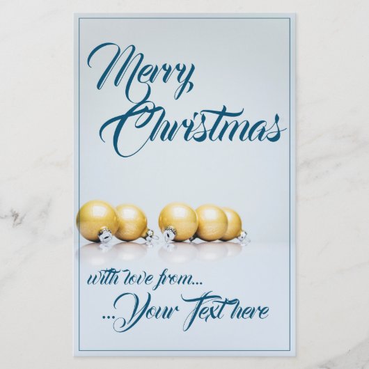 青い文字の5つの金のクリスマスボール (正面)