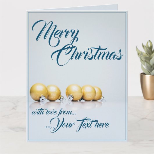 青い文字の5つの金のクリスマスボール カード (小さな植物)