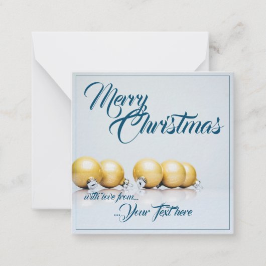 青い文字の5つの金のクリスマスボール ノートカード (正面)
