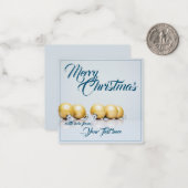 青い文字の5つの金のクリスマスボール ノートカード (正面/裏面インサイチュ)