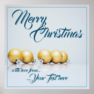 青い文字の5つの金のクリスマスボール ポスター