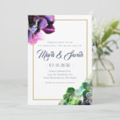 青い文字タンラインの紫色の結婚多肉株 招待状 (スタンド正面)