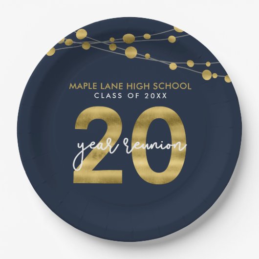 青い文字列のライト20年クラス懇親会 ペーパープレート (正面)