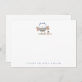 青い文房具が入ったかわいいパーソナライズされたフクロウ ノートカード (正面/裏面)