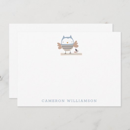 青い文房具が入ったかわいいパーソナライズされたフクロウ ノートカード (正面/裏面)