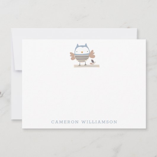 青い文房具が入ったかわいいパーソナライズされたフクロウ ノートカード (正面)