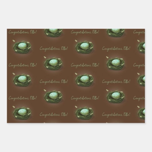 青い斑点の卵が草の巣にいる - 3つのカスタムテキスト ラッピングペーパーシート (正面)