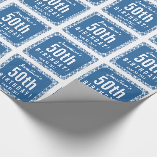 青い斜めの格子縞の第50誕生会Z07L ラッピングペーパー (角)