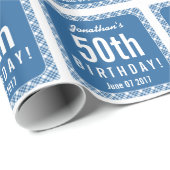 青い斜めの格子縞の第50誕生会Z07L ラッピングペーパー (ロールコーナー)