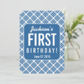 青い斜めプライド1歳誕生日B07N 招待状 (スタンド正面)