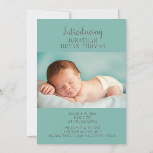 青い新生児写真の生誕発表 案内状 (正面)