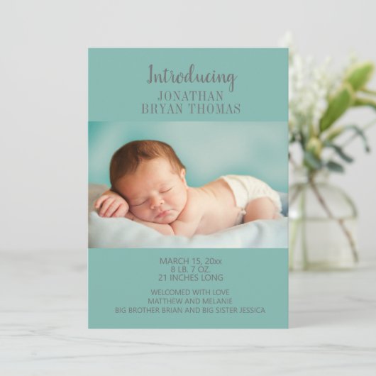 青い新生児写真の生誕発表 案内状 (スタンド正面)