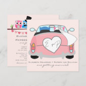 青い新郎フクロウとピンクの新婦フクロウの結婚式招待状 招待状 (正面/裏面)