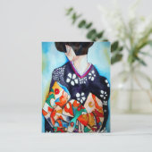 青い日本の着物芸者オリジナル ポストカード (スタンド正面)