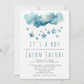 青い星のベビーシャワー 男の子です 招待状 (正面)