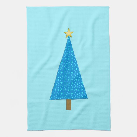 青い星のモダンクリスマスツリー キッチンタオル (縦)