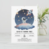 青い星の水彩画の宇宙飛行士の少年の誕生日 招待状 (スタンド正面)