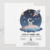 青い星の水彩画の宇宙飛行士の少年の誕生日 招待状 (正面/裏面)