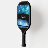 青い星ブラシストローク、白いスクリプト名 ピックルボールラケット (左)