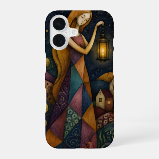 青い星空の下のランタン・ガール iPhone 16ケース (裏面)
