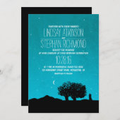 青い星空の夜木とカップルの結婚式の招待 招待状 (正面/裏面)