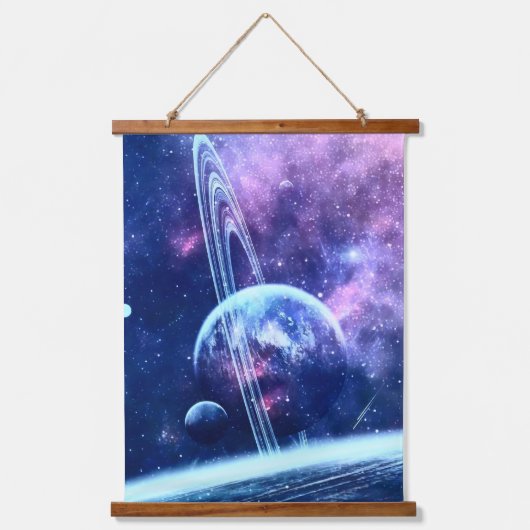 青い星雲と輪のある惑星の夢の風景 吊り下げ型タペストリー (正面)