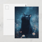 青い星雲を眺める黒猫のナイトガーデン ポストカード (正面/裏面)