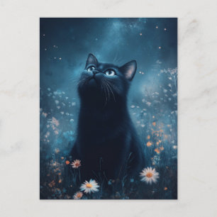 青い星雲を眺める黒猫のナイトガーデン ポストカード