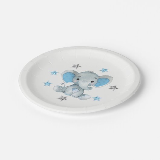 青い星、象のプレート4赤ちゃんシャワー、誕生日 ペーパープレート (アングル)