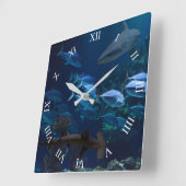 青い時計のサメと魚の学校 スクエア壁時計 (傾斜)