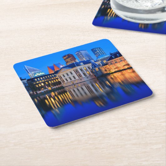 青い時間のコースターのハーグのスカイライン スクエアペーパーコースター (アングル)