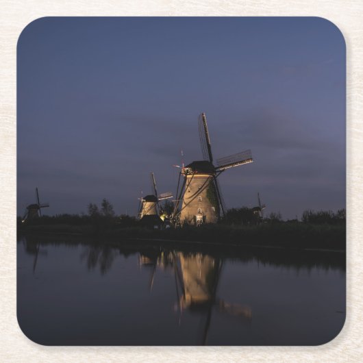 青い時間のコースターの照らされた風車 スクエアペーパーコースター (正面)