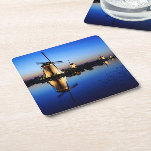 青い時間のコースターの風車 スクエアペーパーコースター (アングル)