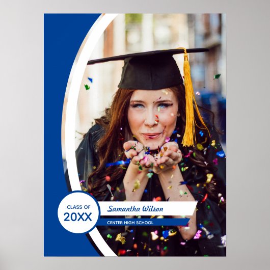 青い曲線のフレーム写真の卒業 ポスター (正面)