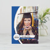 青い曲線のフレーム写真の卒業 招待状 (スタンド正面)