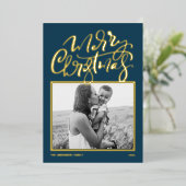 青い書モダン道写真メリークリスマスフォイ 箔シーズンカード (立ち正面)