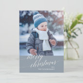 青い書道エレガントメリークリスマスフォト シーズンカード (スタンド正面)