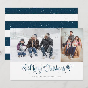 青い書道ストライプののクリスマスの写真カード シーズンカード