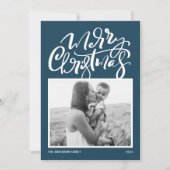 青い書道モダン写真メリークリスマス シーズンカード (正面)
