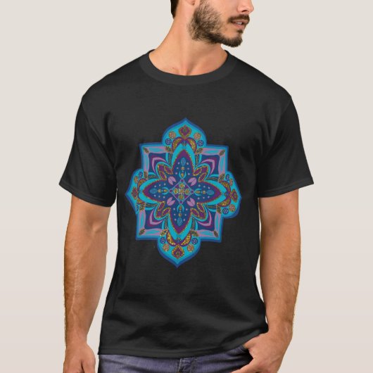 青い曼荼羅デザインのメンズTシャツ Tシャツ (正面)