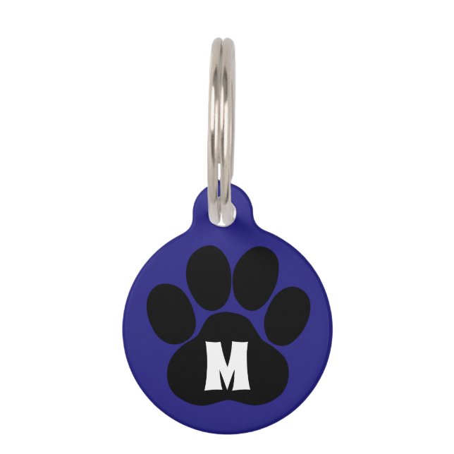 青い最初に足のプリントのペットタグのイニシャルの接触情報 ペット　ネームタグ (正面)