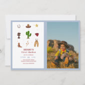 青い最初のロデオカウボーイ子供の誕生日写真 招待状 (正面)